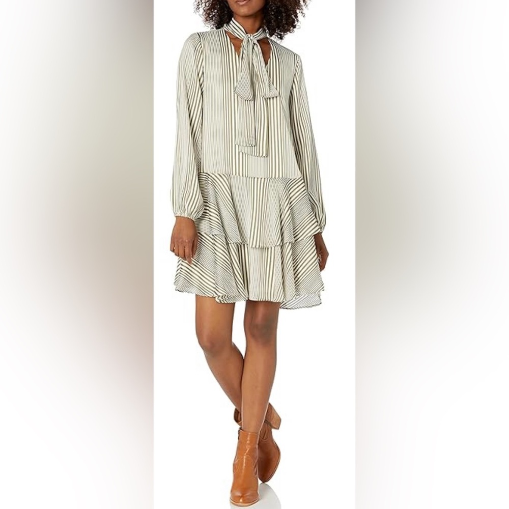 Avec Les Filles Long Sleeve Satiny Striped Dropped Waist A-line Dress w Sash ZB6